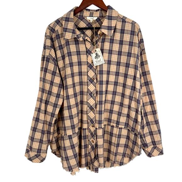 easel Tops - NEW NWT Easel Plus Size 1X Beige Plaid Long Sleeve Blouse Shirt Top Wearable Art